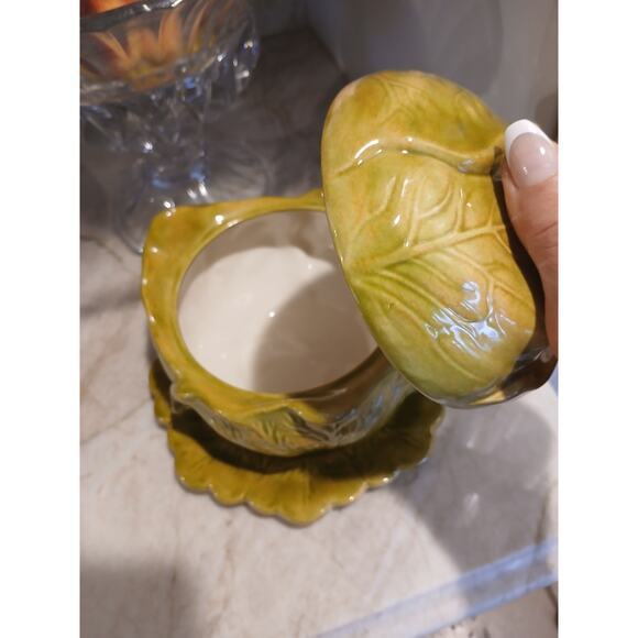 Cabbage Lettuce Turain Serving Bowl Lid Dish Platter Green Ceramic Cottage Farm - Picture 3 of 16